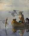 Ilustração de um rei de armadura num barco, ao lado de um homem encapuzado, enquanto uma mão ergue uma espada da água entre cisnes