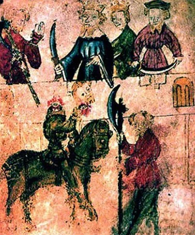 Ilustração do manuscrito Cotton Nero A.x: um cavaleiro a cavalo diante de uma figura com um machado, e pessoas numa galeria acima