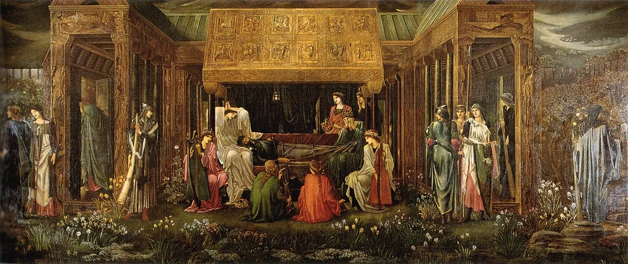 Pintura larga de um pavilhão de madeira onde um rei jaz num leito, cercado de mulheres e cavaleiros, com um jardim florido à frente e um céu noturno à direita
