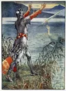Ilustração de Bedivere, de costas e de braços erguidos, no instante em que lança Excalibur ao lago, de onde uma mão surge para recebê-la