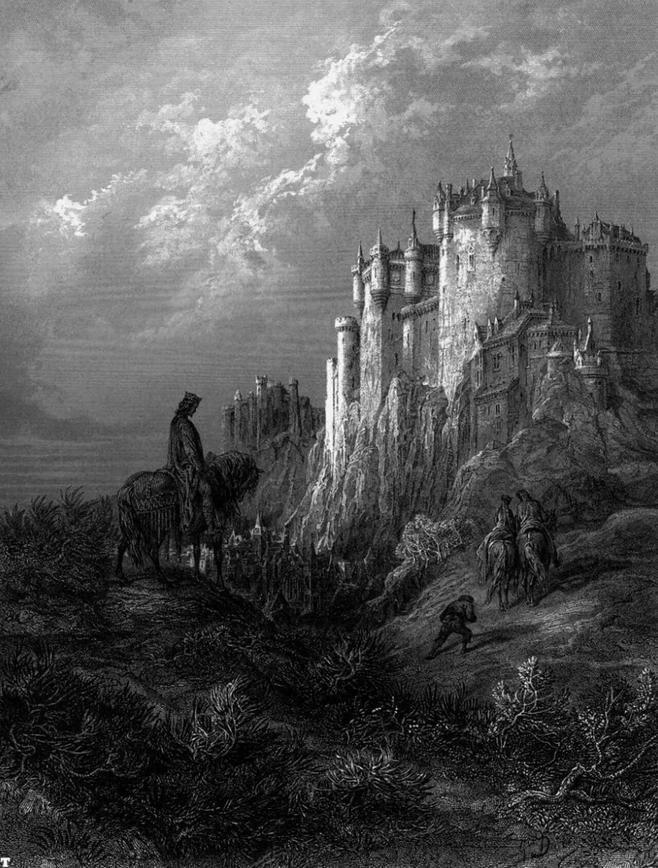 Gravura de cavaleiros a caminho de um castelo sobre um penhasco: um homem a cavalo observa, dois cavaleiros sobem a trilha e uma figura corre à frente