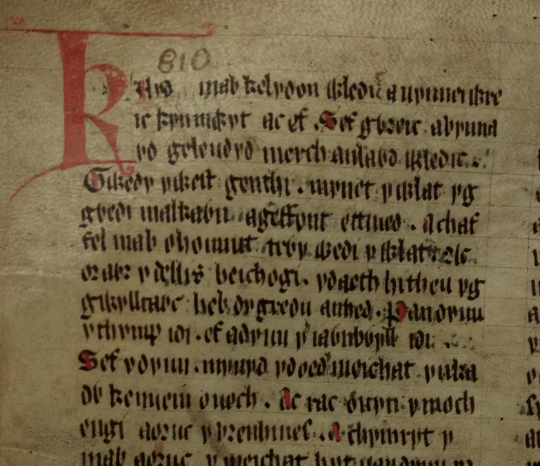 Página do manuscrito Jesus College MS 111 com o texto galês de Culhwch ac Olwen em duas colunas