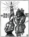 Ilustração em preto e branco de uma espada cravada numa bigorna, com raios saindo do punho, e um cavaleiro de elmo atrás da pedra