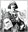 Ilustração de Gawain em meio corpo, de cota de malha e chapéu ornado, segurando um elmo e um escudo com um grifo alado