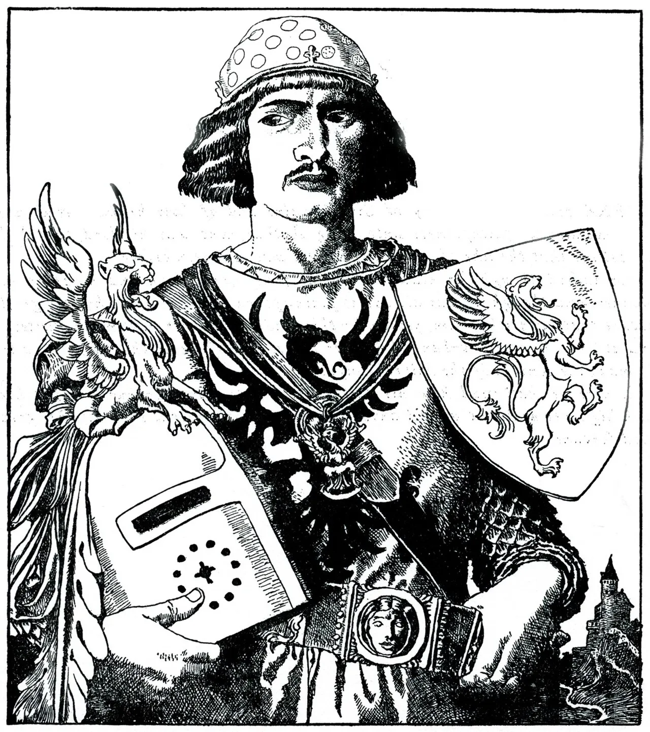Ilustração de Gawain em meio corpo, de cota de malha e chapéu ornado, segurando um elmo e um escudo com um grifo alado