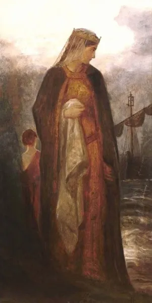 Pintura de Guinevere de pé, de coroa de ouro e véu claro, com manto escuro sobre um vestido vermelho e dourado, olhando para o lado; ao fundo, um navio no mar e uma figura menor atrás da rainha
