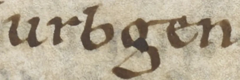 Detalhe do manuscrito Harley MS 3859 com a palavra urbgen, o nome de Urien, em escrita medieval