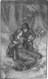Desenho a lápis de um cavaleiro de cota de malha que ampara nos braços uma mulher de cabelos longos, reclinada sobre a relva numa floresta; a assinatura 'W. Benda 1903' aparece no canto inferior