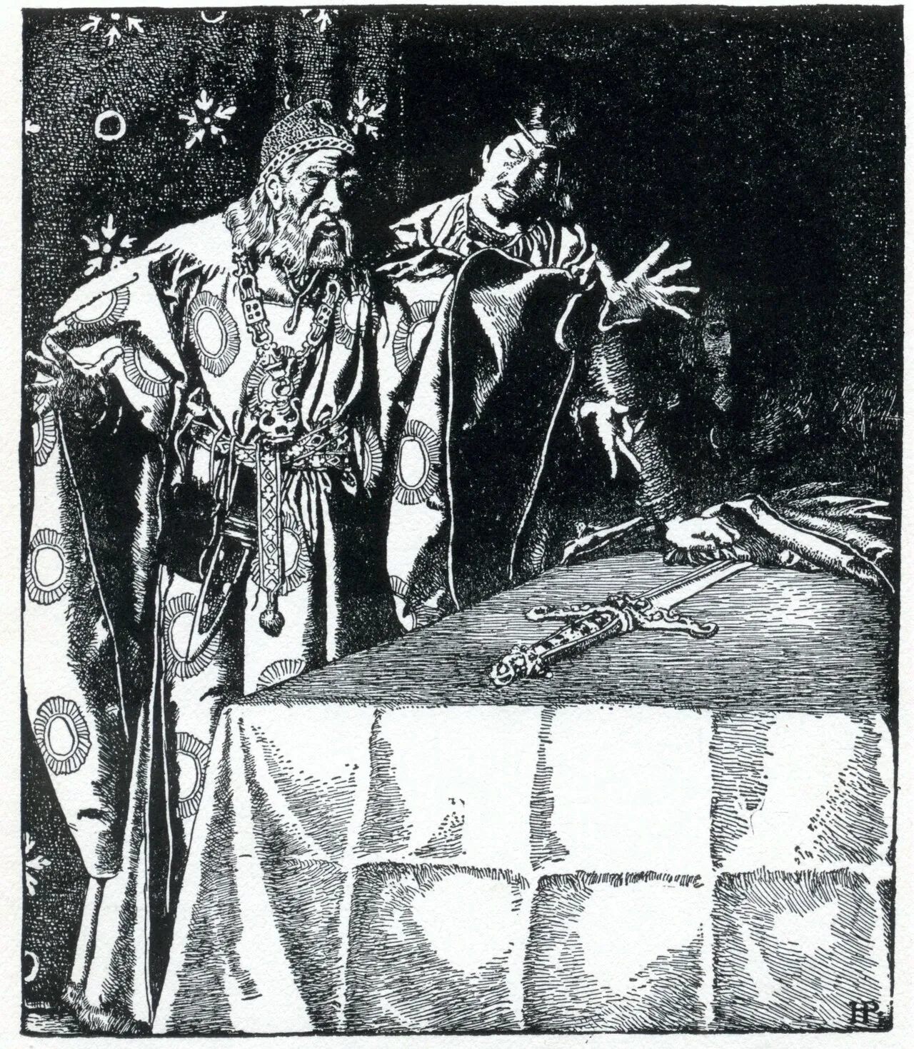 Ilustração em preto e branco de um homem barbado de manto e um jovem de coroa, ambos inclinados sobre uma espada pousada numa mesa coberta