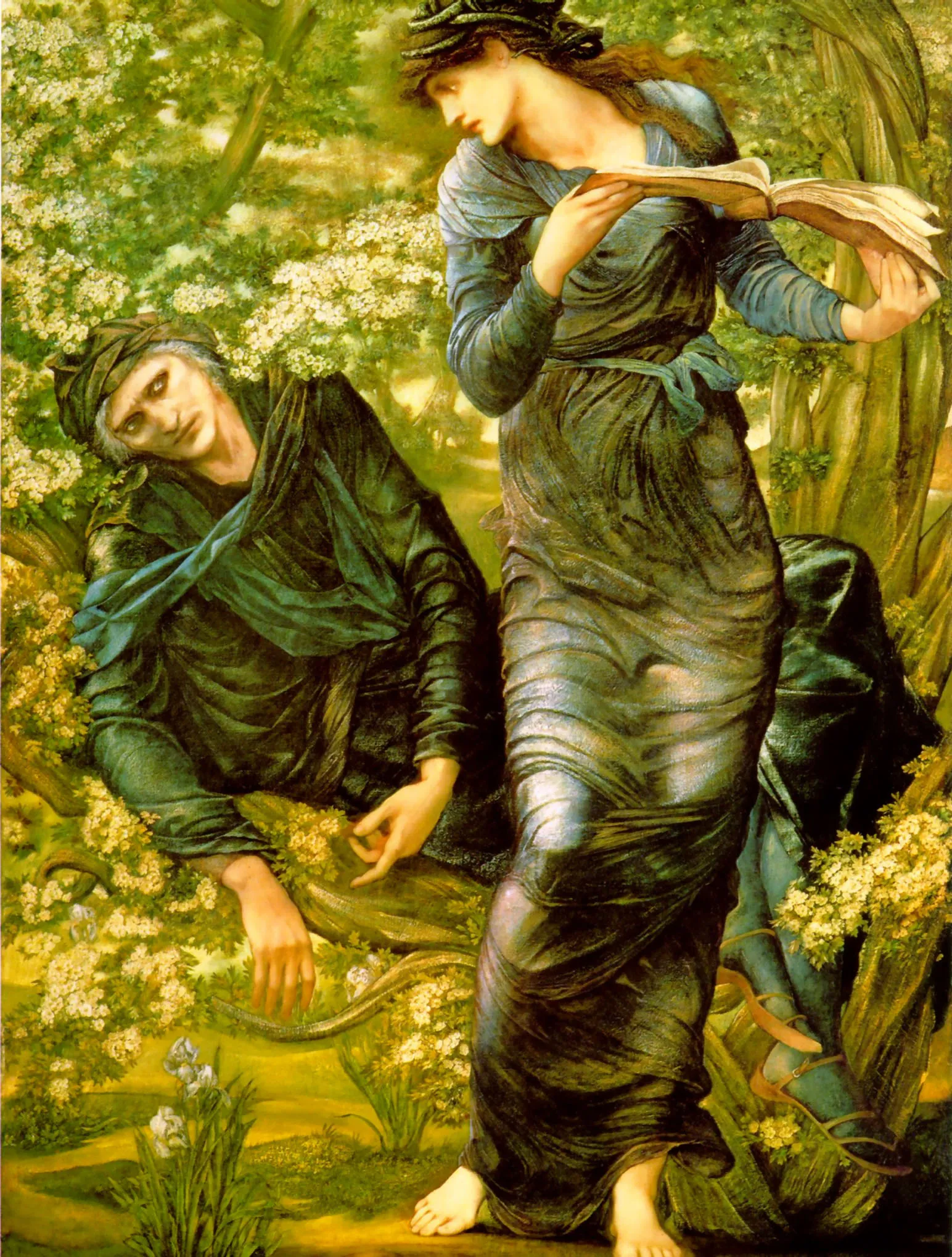 Pintura de Merlin, um homem de cabelos grisalhos e manto verde-escuro, preso entre os galhos floridos de um espinheiro enquanto uma jovem de vestido azul, com um livro aberto nas mãos, olha por cima do ombro