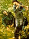 Pintura de Merlin, um homem de cabelos grisalhos e manto verde-escuro, preso entre os galhos floridos de um espinheiro enquanto uma jovem de vestido azul, com um livro aberto nas mãos, olha por cima do ombro