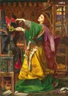 Pintura de Morgana em pé diante de um tear e de um braseiro, de cabelos ruivos e vestido verde e amarelo com pele de leopardo na cintura, estendendo as mãos sobre uma lamparina acesa diante de uma veste pendurada que começa a pegar fogo